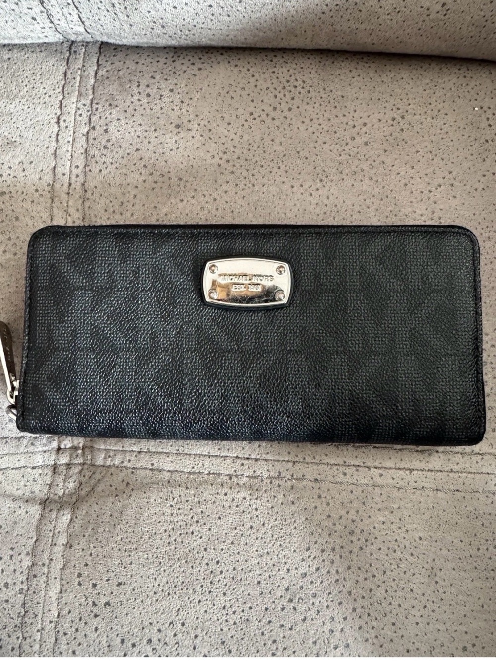 Michael Kors Black Pebbled Leather Zip-Around Wallet with Silver Plaque